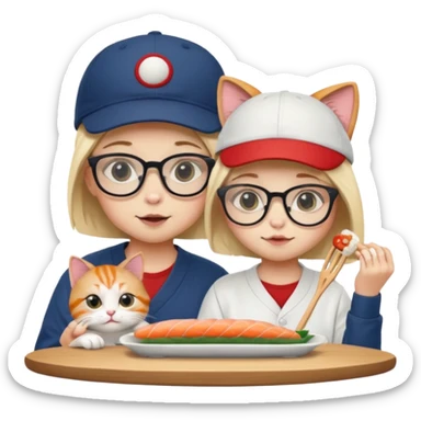 cute girl cat wearing glasses and a cute boy cat wearing a baseball cap eating sushi together sticker