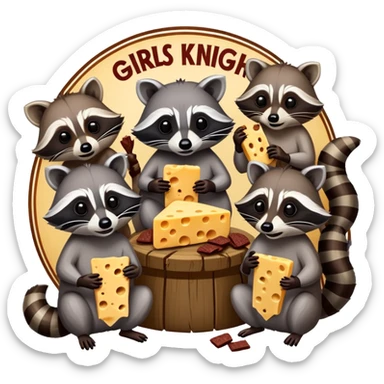 3 raccoons eating cheese and beef jerky one with the bubonic plague under a sign that says girls night sticker