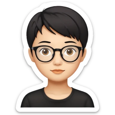 singapore chinese, black short hair, wear black frame glasses, relatively thin, pokey face sticker