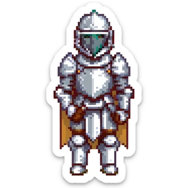 A pixel art knight in armor with a closed helmet, blowing a kiss. The knight's arms and legs are in different positions. The image is portrait-sized and has a clear outline. sticker