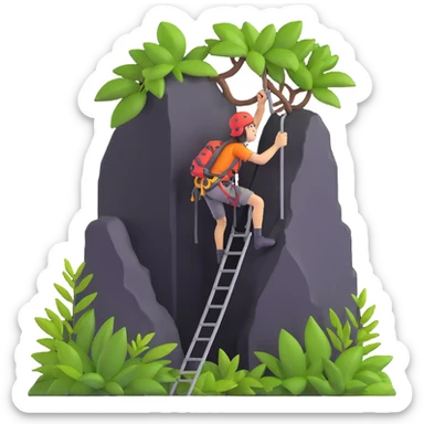 a climber scaling a jungle-covered mountain sticker