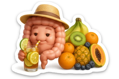 EMOJI STILE IPHONE DI INTESTINO UMANO REALISTICO CON CAPPELLO DI PAGLIA DA SPIAGGIA CHE BEVE UN Tè FREDDO IN BICCHIERE DI VETRO CON DENTRO  fette di cetriolo, limone, lime, DIETRO L'INTESTINO C'è UNA MONTAGNA DI PEZZI DI FRUTTA: Kiwi
Banana acerba
Arance e mandarini
Mirtilli
Ananas
Papaya
IPERREALISTICO 4K sticker