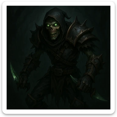 undead rogue, World of Warcraft style, shadowy, sinister, dual daggers, glowing green eyes sticker