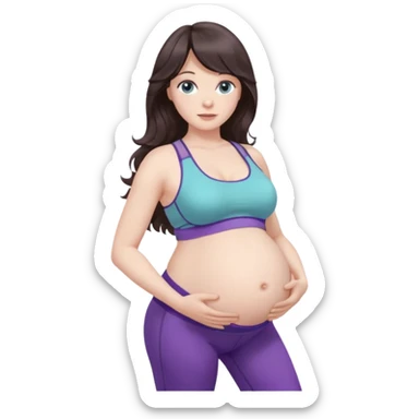 pregnant women, long dark brown wavy hair with curtain bangs, pale skin and grayish aquamarine coloured eyes, showing belly with one hand on the belly, in a purple sports bra and leggings  sticker