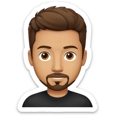 người đàn ông 35 tuổi, da vàng, tóc ngắn nhuộm màu nâu, râu quai nón hơi xoăn nhẹ, áo màu đen sticker