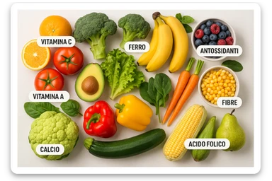 focus su frutta e verdura a tutto schermo e i micronutrienti in italiano contenuti in essa sticker