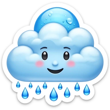 emoji-style clouds with blue raindrops falling. Glossy 3D look, transparent background, vibrant colors. sticker