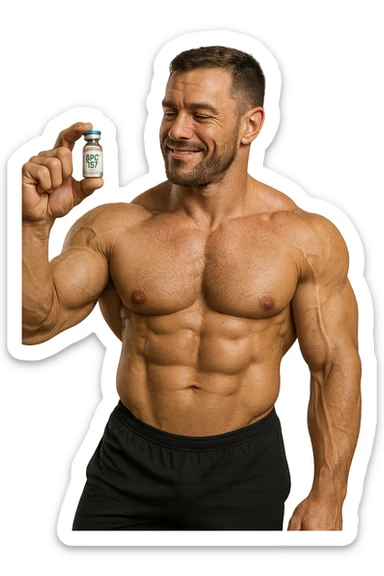 BODYBUILDER A FIGURA INTERA CHE TIENE IN MANO UNA FIALA MEDICA CON la scritta "BPC 157" SULL'ETICHETTA E LA GUARDA SODDISFATTO, iperrealistico 4k sticker