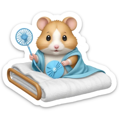 Hamster in hospital bed with a hand fan sticker