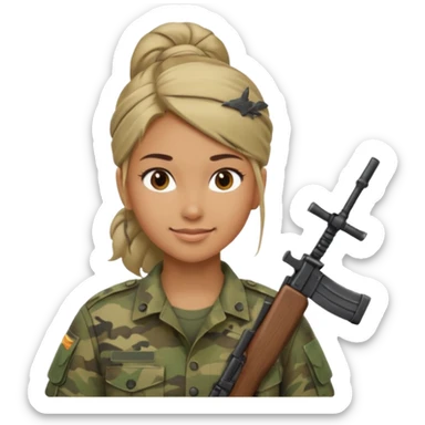 Apple emoji look — female soldier, no cap/helmet, bust, neutral smile, generic camo shirt, hair tied back, soft gradients, no weapon sticker