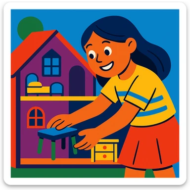 smiling girl arranging furniture in doll house sticker
