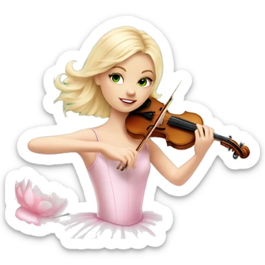 ballet blonde with skin girl with green eyes and soft pastel tutu playing violin with peonies and sparkles realistic coquette sticker