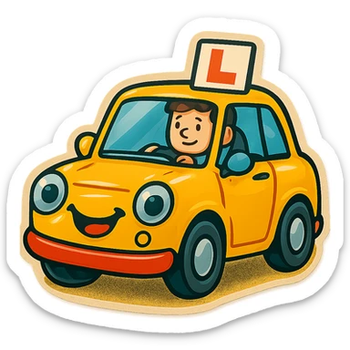 Add a visible driver inside the cartoon yellow car with an L plate, keep the retro stickers style and no background. sticker