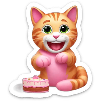 A cheerful pink cat eats a cake and waves its paw  sticker