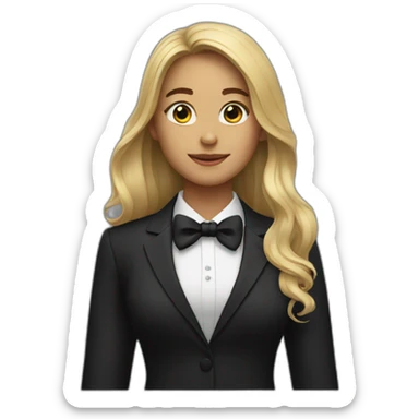 Woman with long hair wearing black suit with a black bow tie sticker