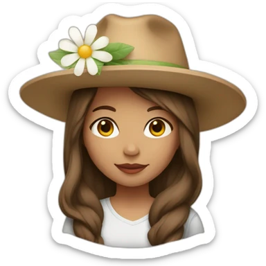 Light skin, Girl with a flower in her hand, with a hat, shoulder-length brown straight hair sticker