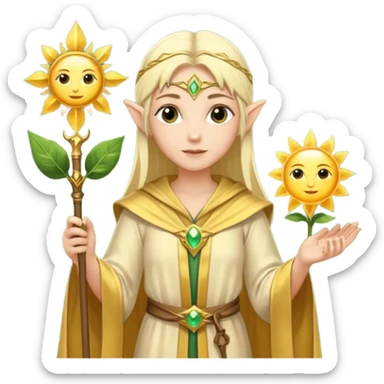 {
      "type": "human",
      "look": "light elf healer, golden robe, staff with leaf and sun",
      "description": "a light elf healer wearing a golden robe and holding a staff with leaf and sun symbols"
    } sticker