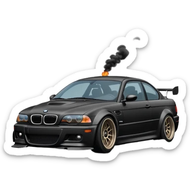 
A BMW M3 E46 is drifting through a corner, with a slight wisp of smoke coming from the rear and the wheels positioned at an angle relative to the turn.Road can see clearly  sticker