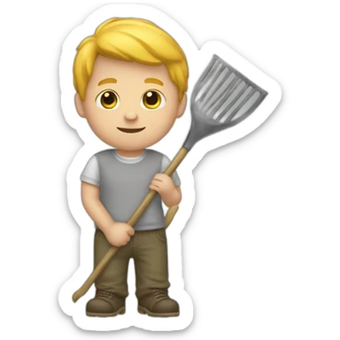 white kid holding a rake sticker