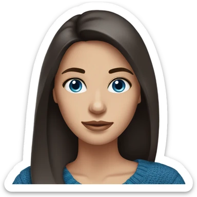 beautiful woman, straight dark brown hair, blue eyes, sweater sticker
