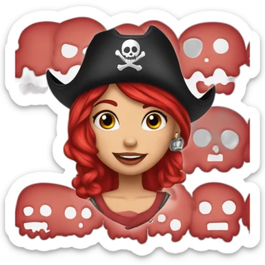 Woman long red one platted hair on one sid short hair on other side Tattoo under shaved hair. pirate hat, skull and crossbones t shirt sticker