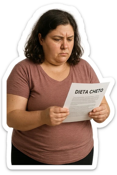 donna realistica leggermente in sovrappeso che legge un foglio con la scritta "dieta Cheto", sfondo bianco, iperrealistica 4k, IPERREALISTICA 4K sticker