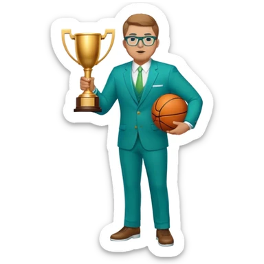 full body plus size white male basketball coach with short light brown  hair color wearing glasses wearing blue and green suit holding a trophy sticker