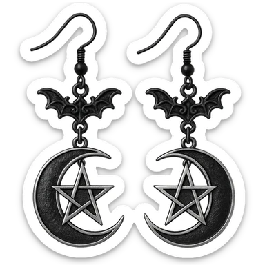 goth earrings, crescent moon, black and silver, mystical gothic sticker