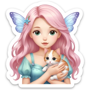 Very dreamy-pretty-fashionable-cute-shiny-ladylike-soft style-kawaii-beautiful-beautiful-hair-fairy style-holding a kitten sticker