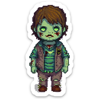a little chubby teenage boy with brown emo hair, gray-green eyes, zombie sticker