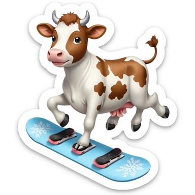 cow riding a light blue snowboard sticker