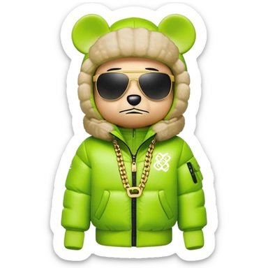 bearbrick toy with cubic head wearing a lime green balaclava with graffiti logos, oversized puffy jacket with fur hood trim, sleek single-piece visor sunglasses, gold chains around neck sticker