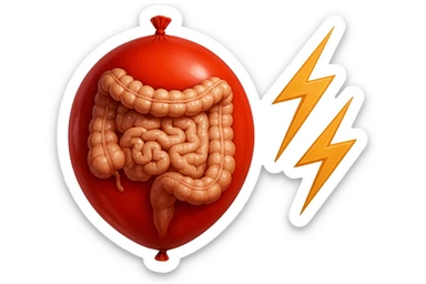 intestino umano anatomico chiuso in un palloncino rosso che simboleggia gonfiore, accanto simboli di fulmini e che simboleggiano "dolore", iperrealistico 4k sticker