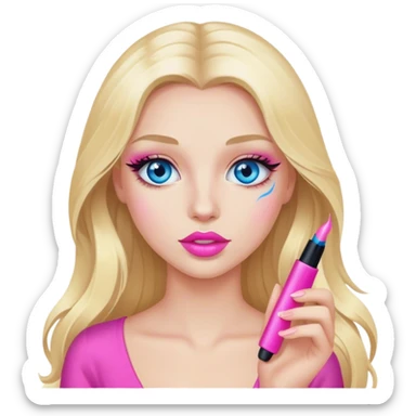 Cinematic realistic blonde with long hair, blue eyes and pink lips with mascara in her hands sticker