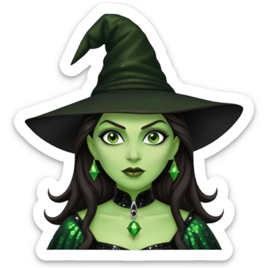 The Wicked Witch from Oz with long dark brown hair, black sequin outfit, green skin sticker