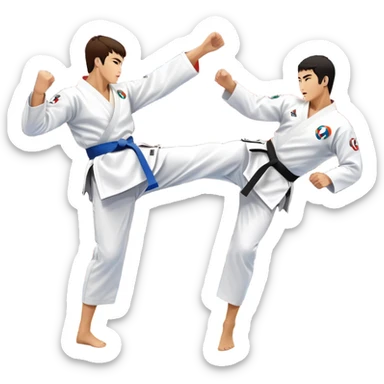 Two taekwondo fighters in a competition arena, one performing a high spinning kick towards the opponent’s head, while the other blocks with a precise guard. The background features a dynamic, bright arena with flags, emphasizing speed and agility in the martial art. Transparent background  sticker