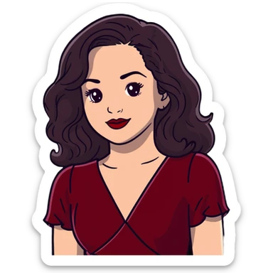 Elegant high-profile woman with glowing fair skin, long dark straight hair with soft waves, large dark eyes with dramatic makeup, defined eyebrows, full red lipstick, wearing wine red velvet dress with V-neckline, glamorous confident smile sticker