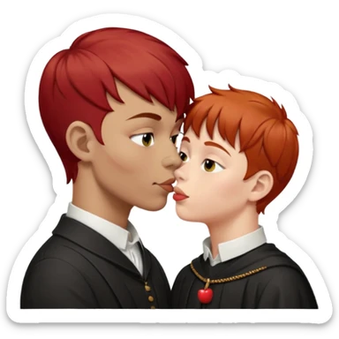 a boy without glasses, short brown hair shaved on the sides with a small fringe, kissing a robust religion teacher with red hair and lowered mask on the neck, Apple emoji style sticker