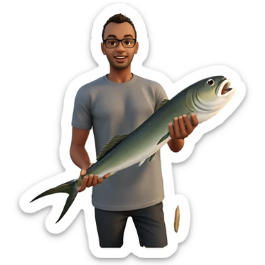 boy holding fish by ocean sticker