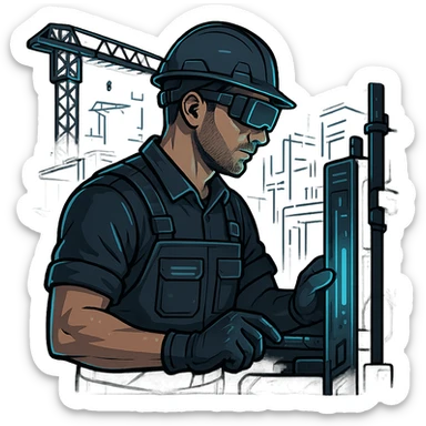 A 35-year-old male builder character with light skin in high-tech style with dark gray headers, cold blue links, warm white text, dark gray background, and teal accents. The character should be shown from the side, working on a futuristic construction site with advanced machinery. sticker