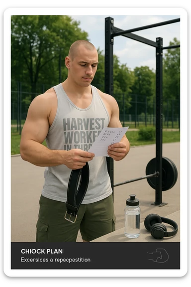 un uomo prepara con cura il suo set di pesi e la cintura per streetlifting, controllando una lista di esercizi e ripetizioni scritta su un foglio. Accanto a lui, una borraccia e delle cuffie. L’espressione è serena e sicura, a sottolineare l’importanza della programmazione per un allenamento efficace. Lo sfondo è un’area fitness urbana, pulita e ben attrezzata. sticker