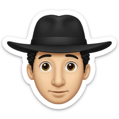 A man with a big nose and a black hat like a top hat but round and all black, with a strand of curly hair coming out from both sides of the hat sticker
