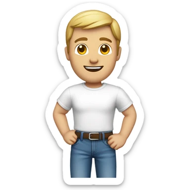 a caucasian male, full body. waving with his left hand. From the front.  Dressed with a round collar, white tshirt and blue jeans sticker