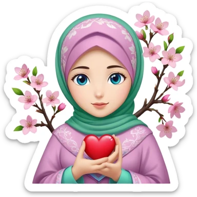 Turkish beautiful finish Konya girl blue eyes with cherry blossom flower lila green design hijab and hold heart in her hand  sticker