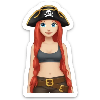Woman long red platted hair hair only on one side of head, pirate hat. One side of head has no hair. Blue eyes. skull and crossbones t shirt sticker