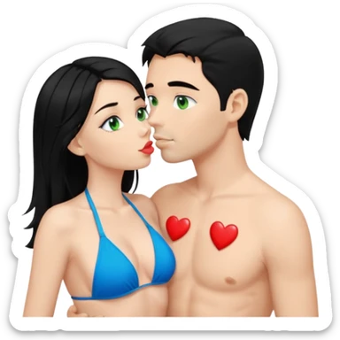 Blonde Woman Green eyes blue Bikini whole body Kissing man black Hair blue eyes Hearts in Body sticker