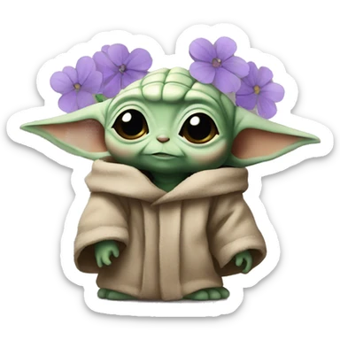 Baby yoda with purple flowers on his head sticker