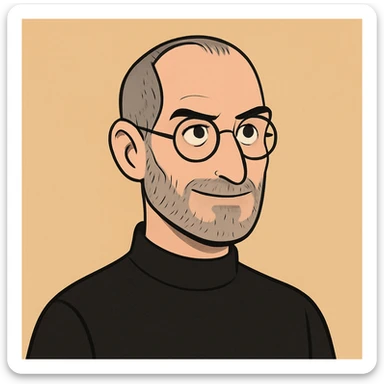 minimalist style portrait of Steve Jobs with iconic black turtleneck and round glasses sticker