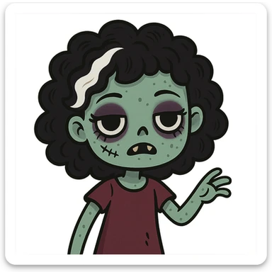 cute cartoon zombie girl, black curly hair with a white streak, creepy face, makeup details sticker