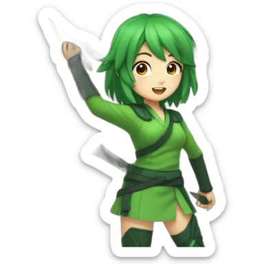 Cute anime girl dressed with a green ninja uniform and holding throwing stars sticker